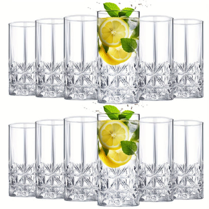 Highball Glasses Set of 12 – 12oz Crystal Clear Vintage Textured Tall Drinking Glasses, Dishwasher Safe Designer Glassware for Cocktail