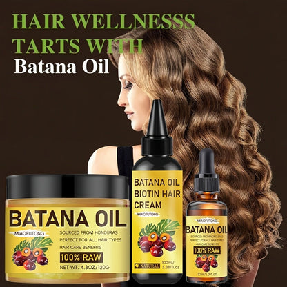 Three-Piece Batana Oil and Biotin Hair Care Set with Large Cream Jar and Coordinated Containers