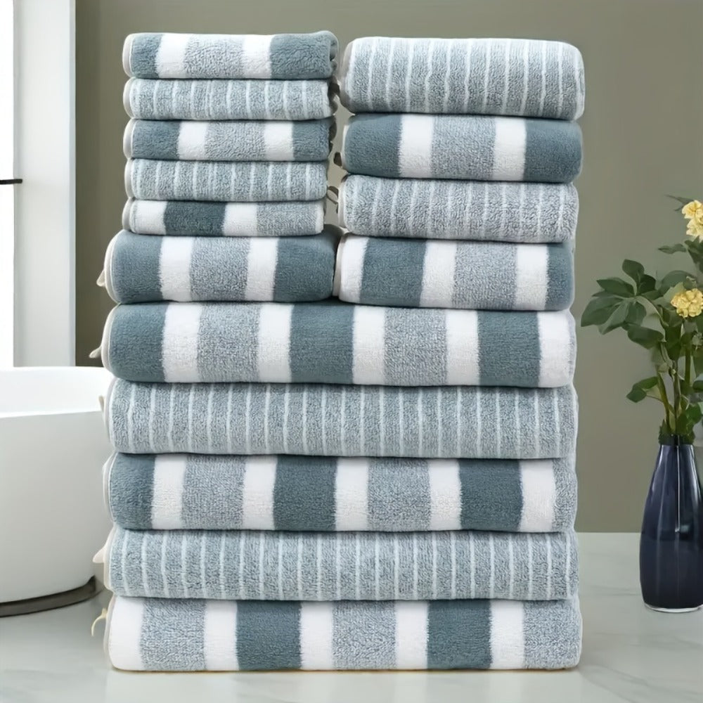 Towel Set 9 or 15 Piece 320GSM Coral Fleece Striped Mix in Five Solid or Mixed Colors for Home and Guest Use