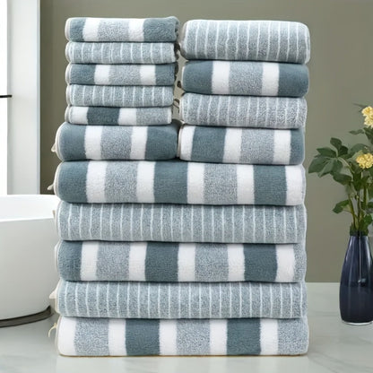Towel Set 9 or 15 Piece 320GSM Coral Fleece Striped Mix in Five Solid or Mixed Colors for Home and Guest Use