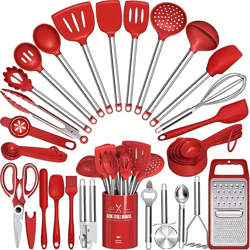 Kitchen Utensils 34-Piece Silicone and Stainless Steel Handle Set with Holder in Four Colors