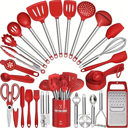 Kitchen Utensils 34-Piece Silicone and Stainless Steel Handle Set with Holder in Four Colors