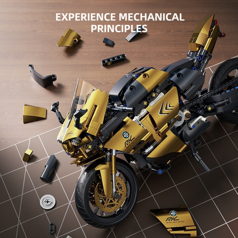 1000PCS Motorcycle Building Blocks 1:10 Scale DIY Black & Gold Motorbike Model Kit – Adult Collector Display Ornament