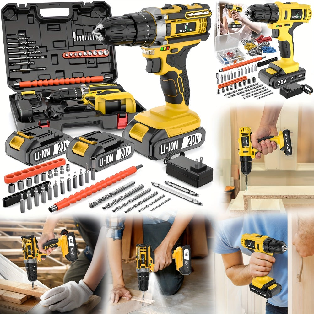 20V Cordless Drill Set Impact Power Drill 3/8 Inch Keyless Chuck 18+3 Clutch 45Nm Max Torque for Entryways, Bedrooms and Living Spaces