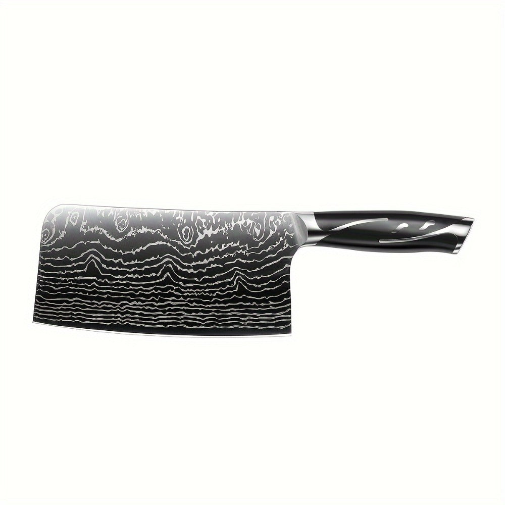 Kitchen Knife Set 7-Piece Damascus-Pattern Stainless Steel with Four Knives, Shears, Honing Rod and Rotating Block