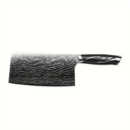 Kitchen Knife Set 7-Piece Damascus-Pattern Stainless Steel with Four Knives, Shears, Honing Rod and Rotating Block