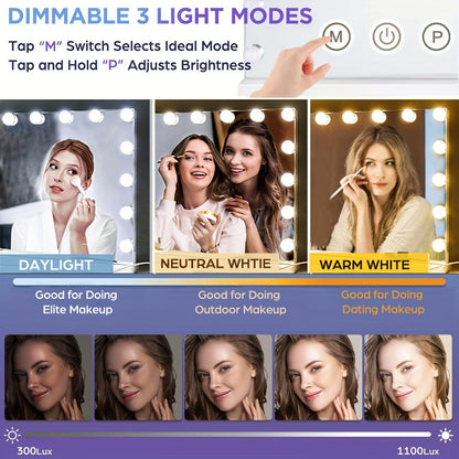 Hollywood Vanity Mirror with 15 LED Bulbs, 23 x 19 Inch Frame, Three Brightness Levels and White Base