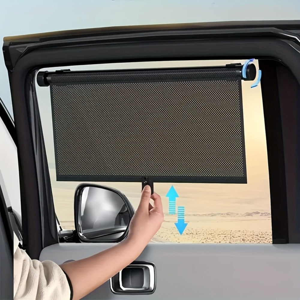 Car Window Curtains 2pcs Retractable PVC Side Window Shades One-Click Storage UV Block Anti-Glare Heat Shield Easy Install Suction Cup Hook