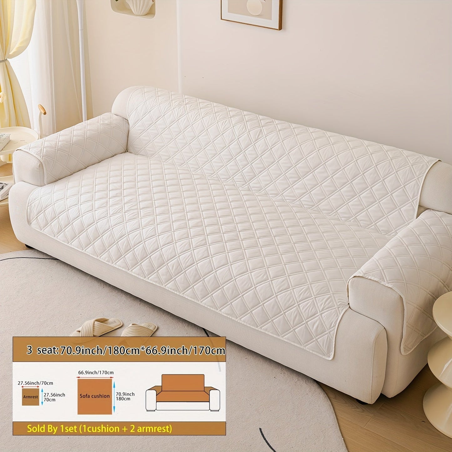 Sofa Cover Three-Piece Soundwave Embossed Set with Sofa Panel, Two Armrest Covers and Backing Mat