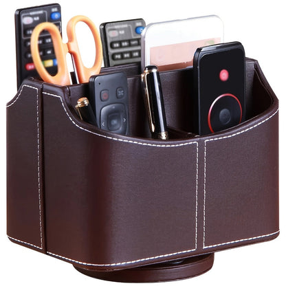 Rotating Faux Leather Remote Control Caddy with Five Compartments, Six Color or Pattern Options and 7.5-Inch Width