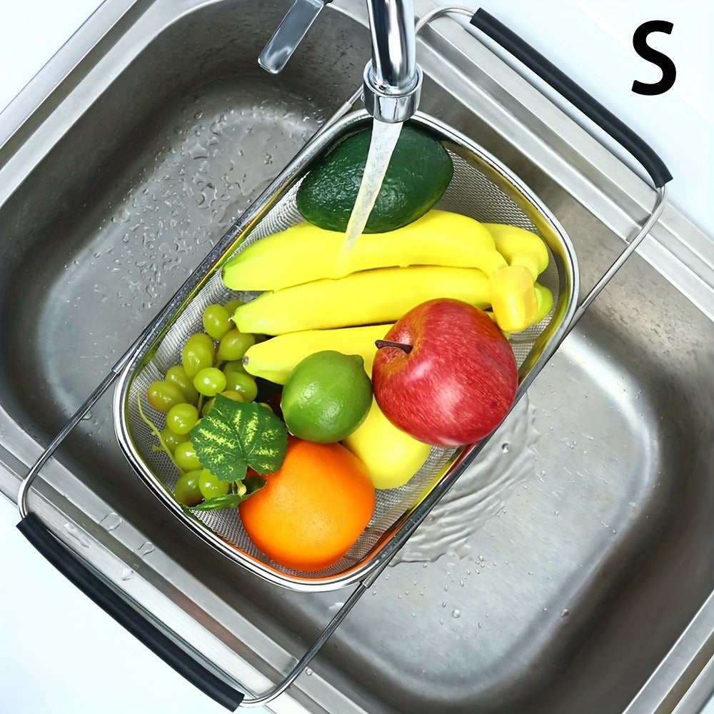Expandable Sink Colander Stainless Steel, Over the Sink Strainer Basket with Fine Mesh & Rubber Grip