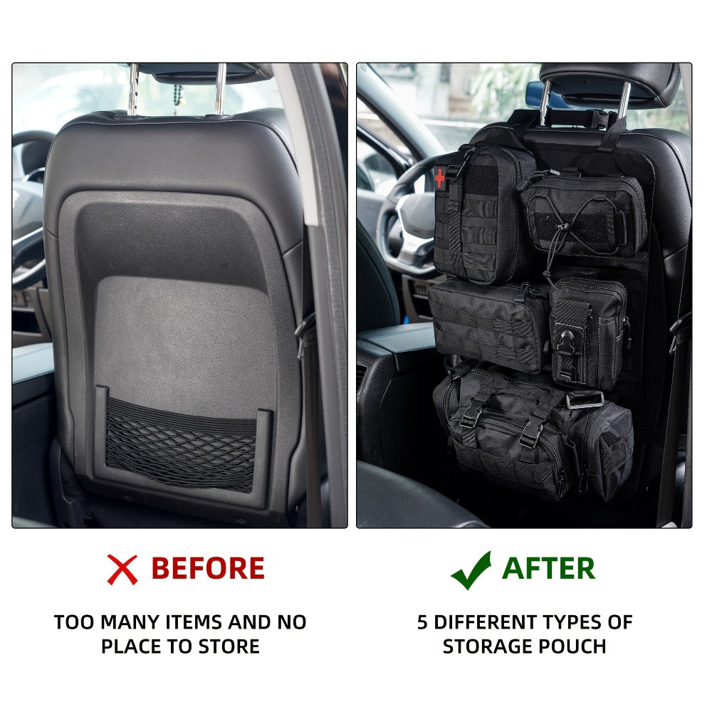 Tactical Car Seat Organizer – MOLLE Nylon Seat Back Storage Bag with 5 Pockets, Front & Rear Seat Protector for Jeep, Truck