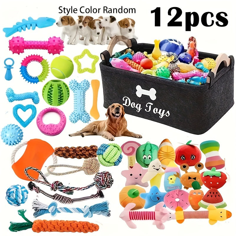 Dog Chew Toys, 6 or 12-Piece Interactive Assorted Set with Rope Knots, Squeaker Balls and Chew Toys for All Breeds