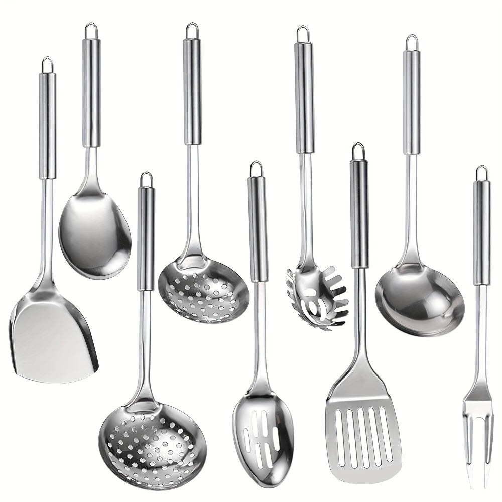Kitchen Utensils Nine-Piece 304 Stainless Steel Set with Hanging Loops and Mixed Cooking Tools