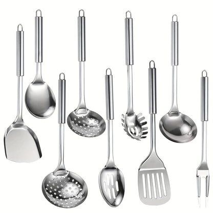 Kitchen Utensils Nine-Piece 304 Stainless Steel Set with Hanging Loops and Mixed Cooking Tools