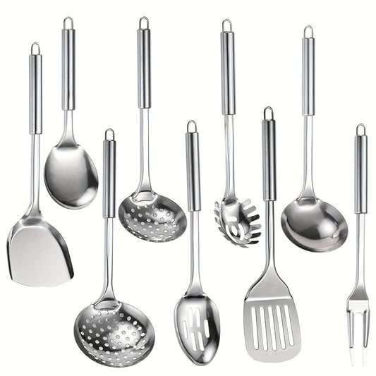 Kitchen Utensils Nine-Piece 304 Stainless Steel Set with Hanging Loops and Mixed Cooking Tools