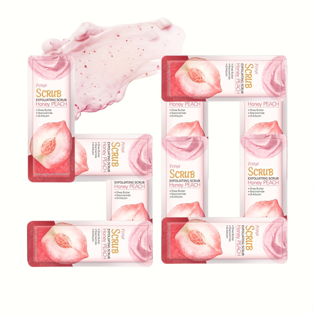 Peach Body Scrub with Jojoba Beads, Fifty 0.11oz Travel Sachets for Foot and Body Care at Home