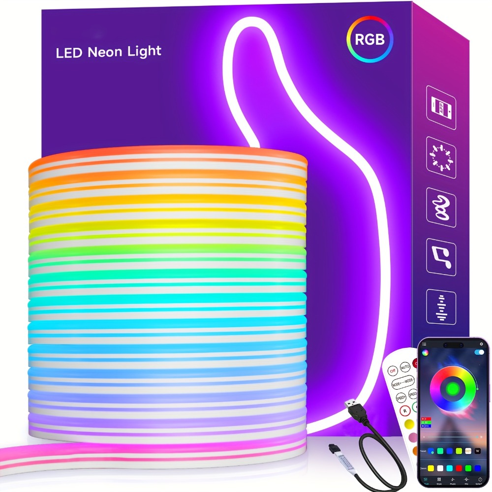 LED Neon Rope Light, RGB Color Changing Light Strip, App & Remote Control, Music Sync, Silicone Neon Light for Bedroom