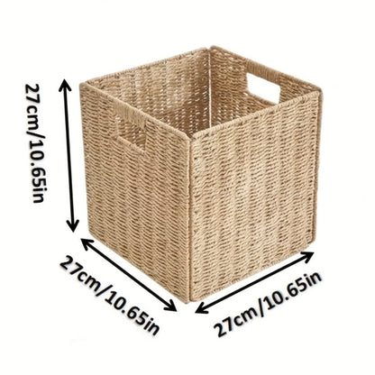 Square Woven Cube Storage Basket, 27cm on Each Side with Frame and Cutout Handles in One- or Four-Packs