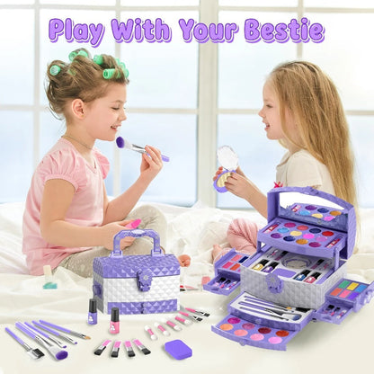 Princess Makeup Set for Girls Ages 3-12, 58 PCS Pretend Play Makeup Kit with Brushes & Case, Skin-Friendly Beauty Toy