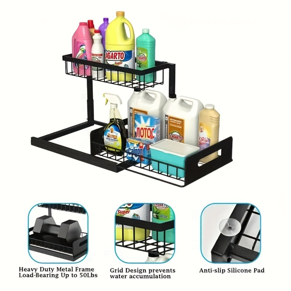 Under Sink Organizer Pull Out, 2-Tier Slide Out Cabinet Organizer with Adjustable Shelves, Under Sink Storage Rack for Kitchen Bathroom