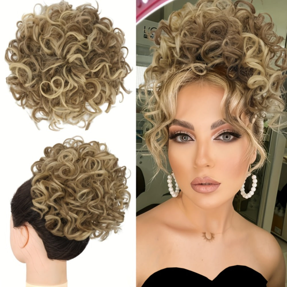 Hair Extensions Curly 10-Inch Synthetic Drawstring Bun with Comb Clips, 80g Weight and Two Brown Color Options