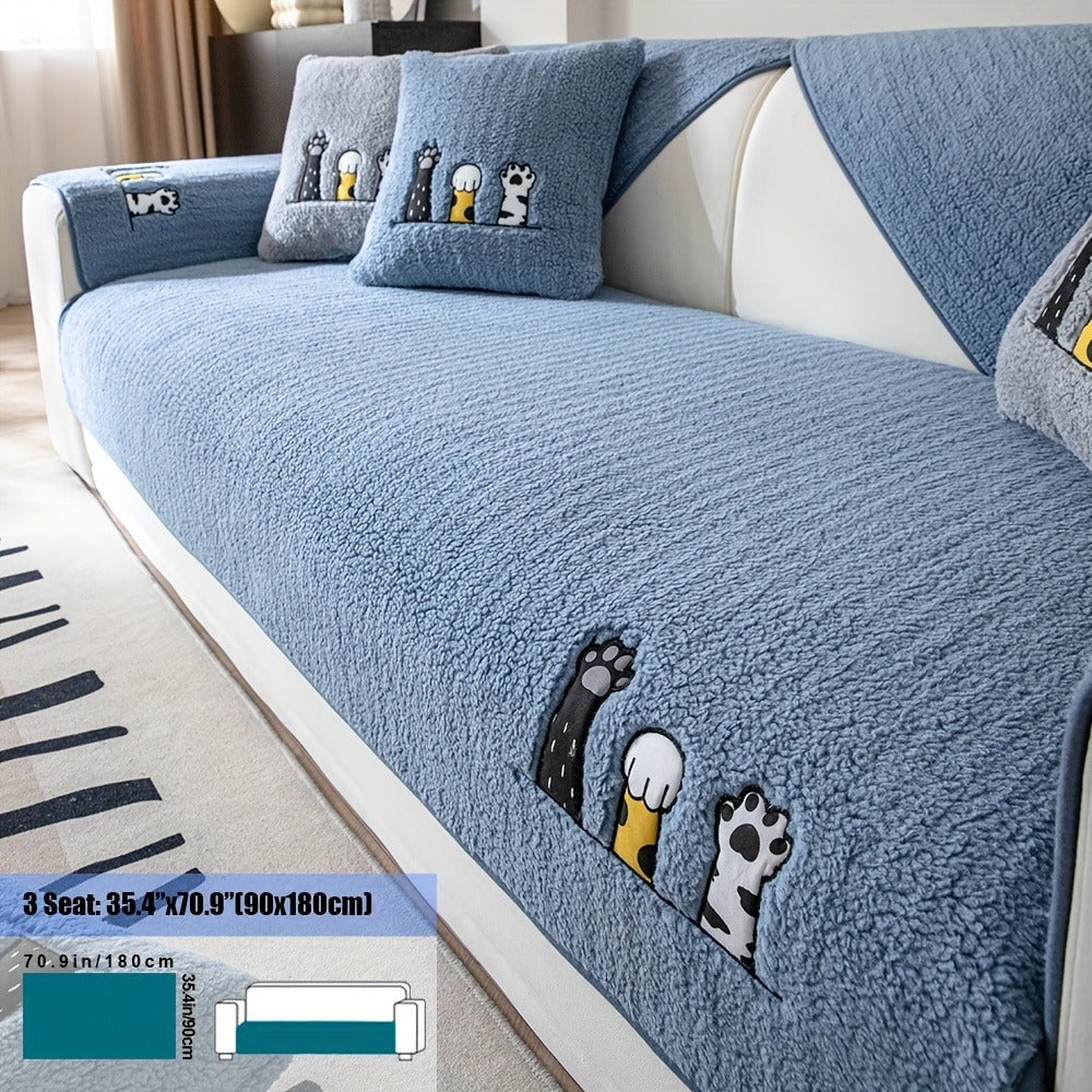 Sofa Cover, Sherpa Plush Cat-Paw Embroidered Seat Pad with Backing Detail in Four Colors and Seven Sizes