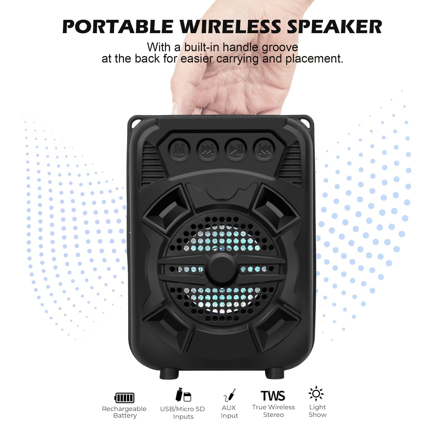Portable Bluetooth Speaker with LED Light, Stereo Bass and Up to 10 Hours Playtime in Black