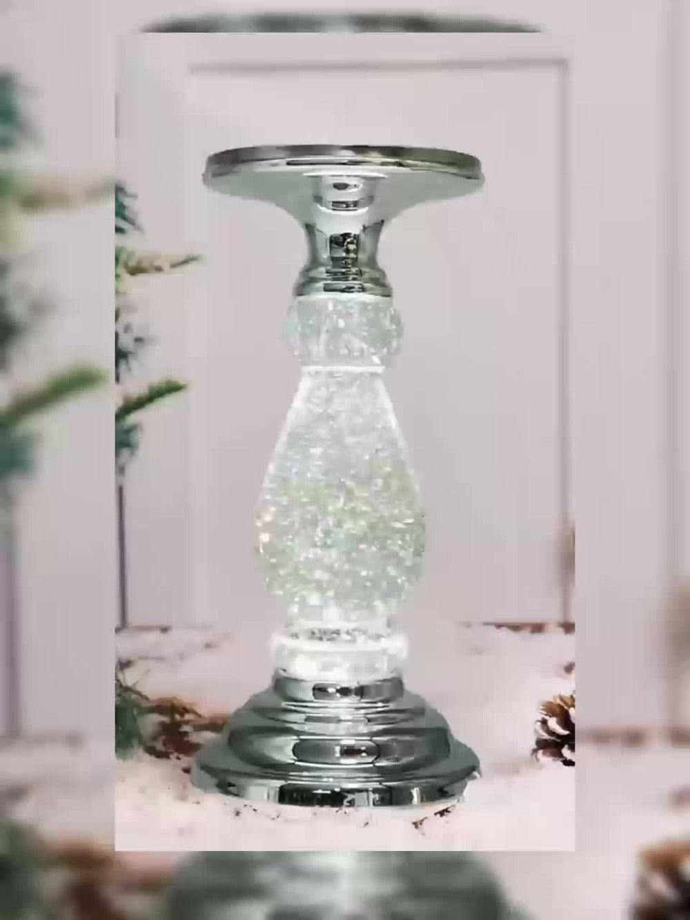 Candle Holder LED Swirl Globe Pedestal with Acrylic Water Chamber, Top Candle Tray and Silver, Gold or Santa Options