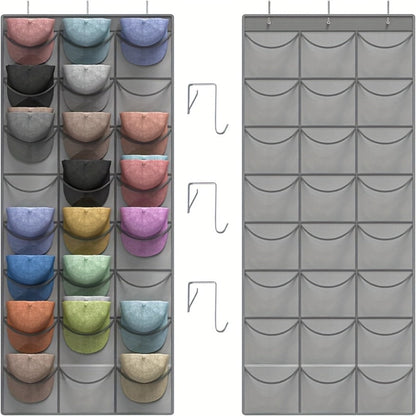 Over the Door Hat Organizer 24 Pocket - Baseball Cap Rack with Large Clear Pockets for Entryways, Bedrooms and Living Spaces