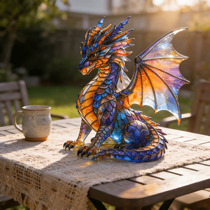 Dragon Sculpture with Light – Faux Stained Glass Resin Statue, Bohemian Accent Lamp, Fantasy Home Decor Figurine