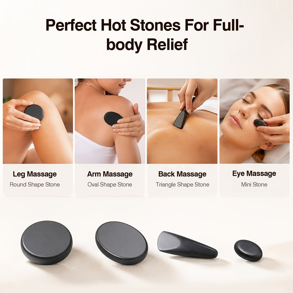 18-Piece Basalt Hot Stone Massage Set with Warmer, 4 Sizes for Full Body Deep Relaxation, Professional
