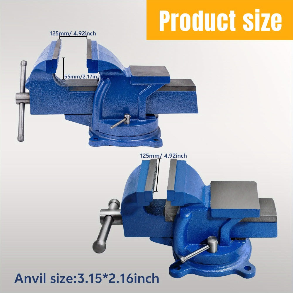 Bench Vise 5-Inch 360-Degree Swivel Base – Heavy-Duty Cast Iron Tabletop Vise with Pipe Jaws & Anvil, Locking Mechanics Clamp