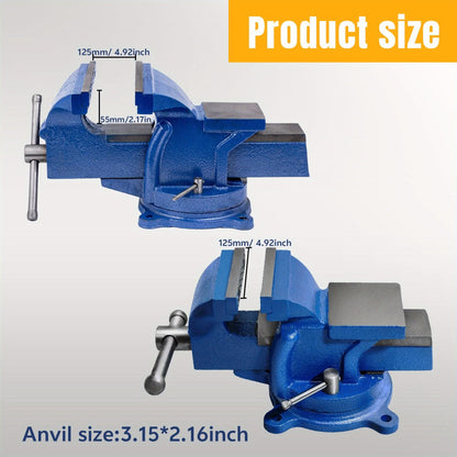 Bench Vise 5-Inch 360-Degree Swivel Base – Heavy-Duty Cast Iron Tabletop Vise with Pipe Jaws & Anvil, Locking Mechanics Clamp