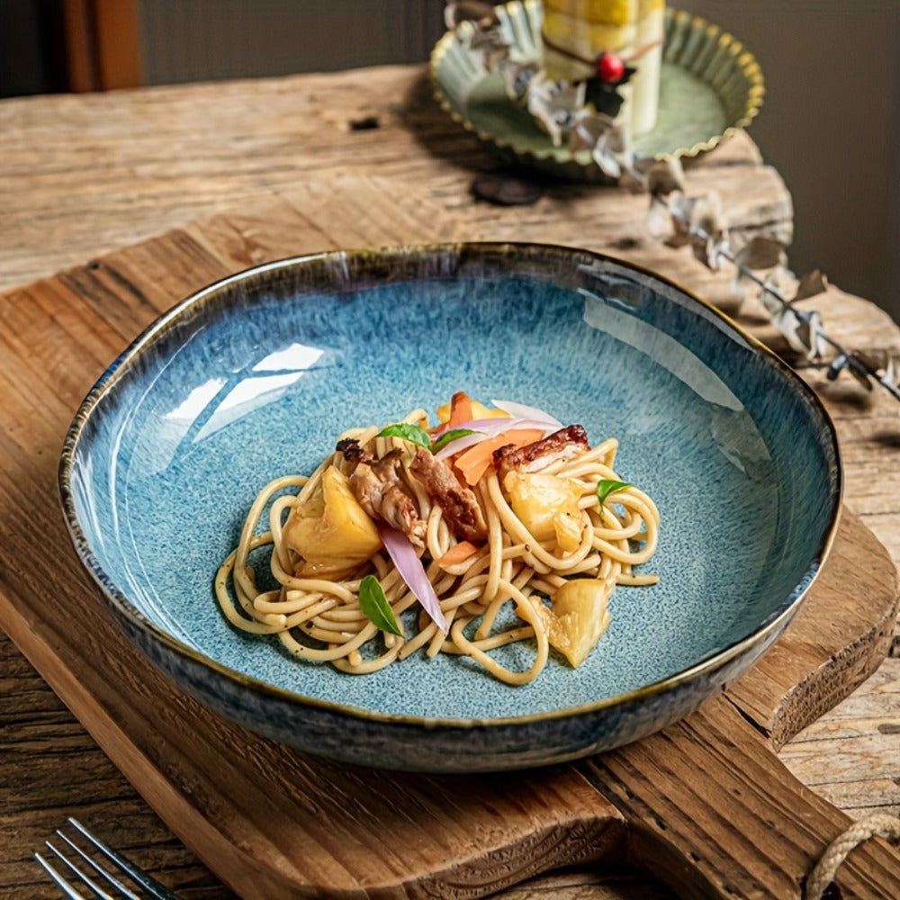 Irregular Deep Dish Ceramic Plate, Artisan Handcrafted Salad Soup Bowl Dish, Unique Edge Design, Tableware for Family Dining
