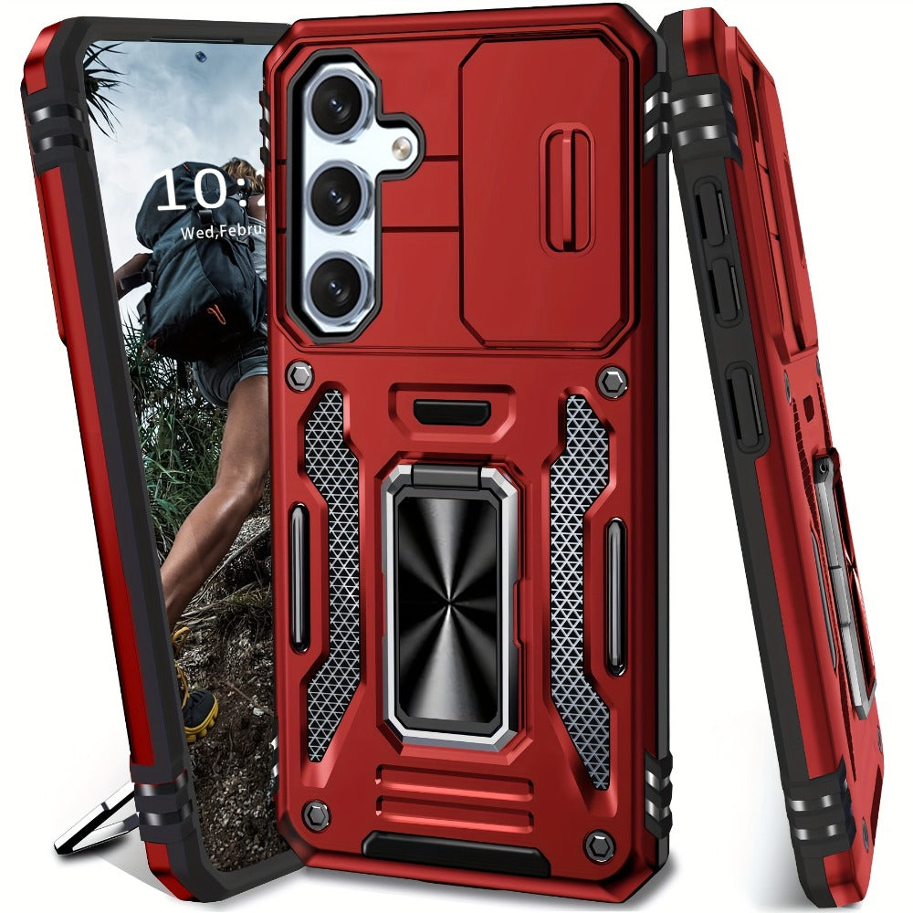 Samsung Galaxy Shockproof Magnetic Phone Case with 360° Rotating Ring Bracket & Sliding Lens Protector – Heavy Duty Cover for S24FE S23FE
