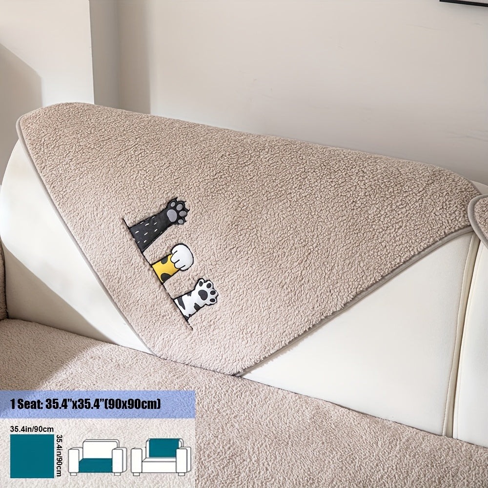 Sofa Cover, Sherpa Plush Cat-Paw Embroidered Seat Pad with Backing Detail in Four Colors and Seven Sizes
