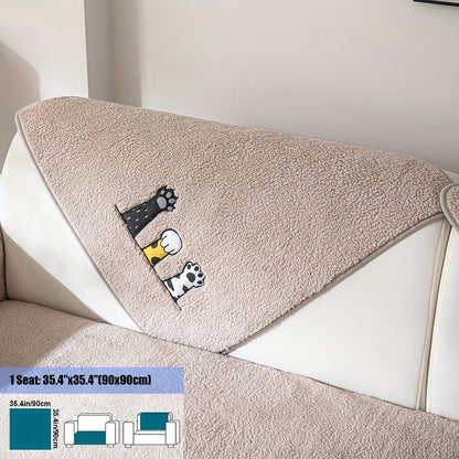 Sofa Cover, Sherpa Plush Cat-Paw Embroidered Seat Pad with Backing Detail in Four Colors and Seven Sizes