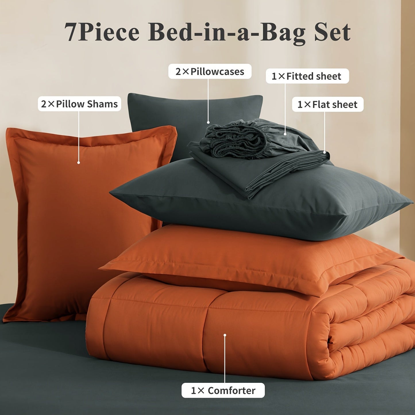 7 Piece Comforter Set Luxury Soft Fluffy Bedding All Season Bed in a Bag with Comforter Fitted Sheet Flat Sheet Pillowcases Hypoallergenic