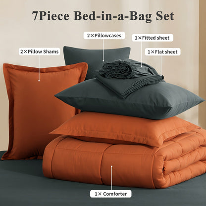 7 Piece Comforter Set Luxury Soft Fluffy Bedding All Season Bed in a Bag with Comforter Fitted Sheet Flat Sheet Pillowcases Hypoallergenic