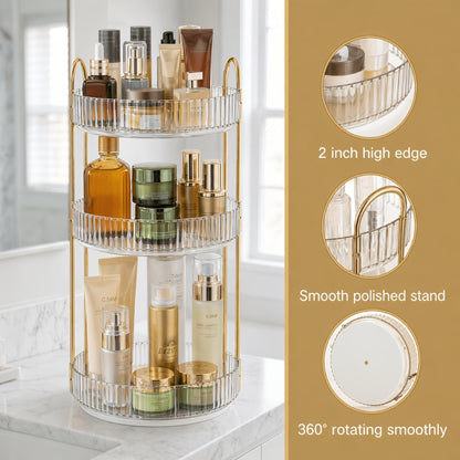 Three-Tier Rotating Makeup Organizer with 360-Degree Base in Green, Amber or Transparent Finish