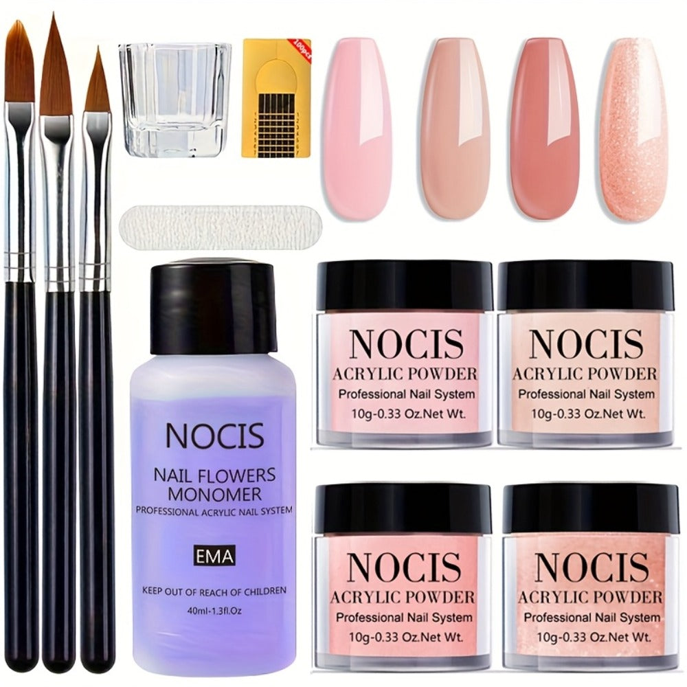 Acrylic Nail Kit NOCIS Four 10g Pink and Warm Neutral Powders with Liquid Monomer, Three Brushes and File