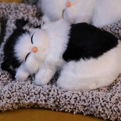 Plush Toy Realistic Sleeping Cat with Meow Sound in Four Coat Patterns for Desk or Room Display