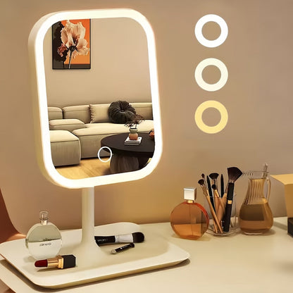 LED Makeup Mirror with Lights Rechargeable, Foldable Lighted Vanity Mirror 3 Color Modes Touch Dimming Portable Stand