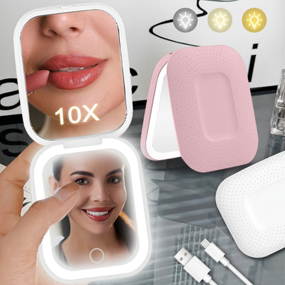 10X LED Lighted Compact Mirror USB Rechargeable 1X 10X Magnification Dimmable 3-Color Touch Screen – Double Sided Portable Travel Pocket