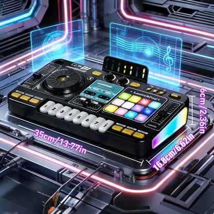 Kids DJ Mixer Toy Set with LED Lights, Microphone & Piano Keys, 100+ Sound Effects, Disco Mode, Rechargeable