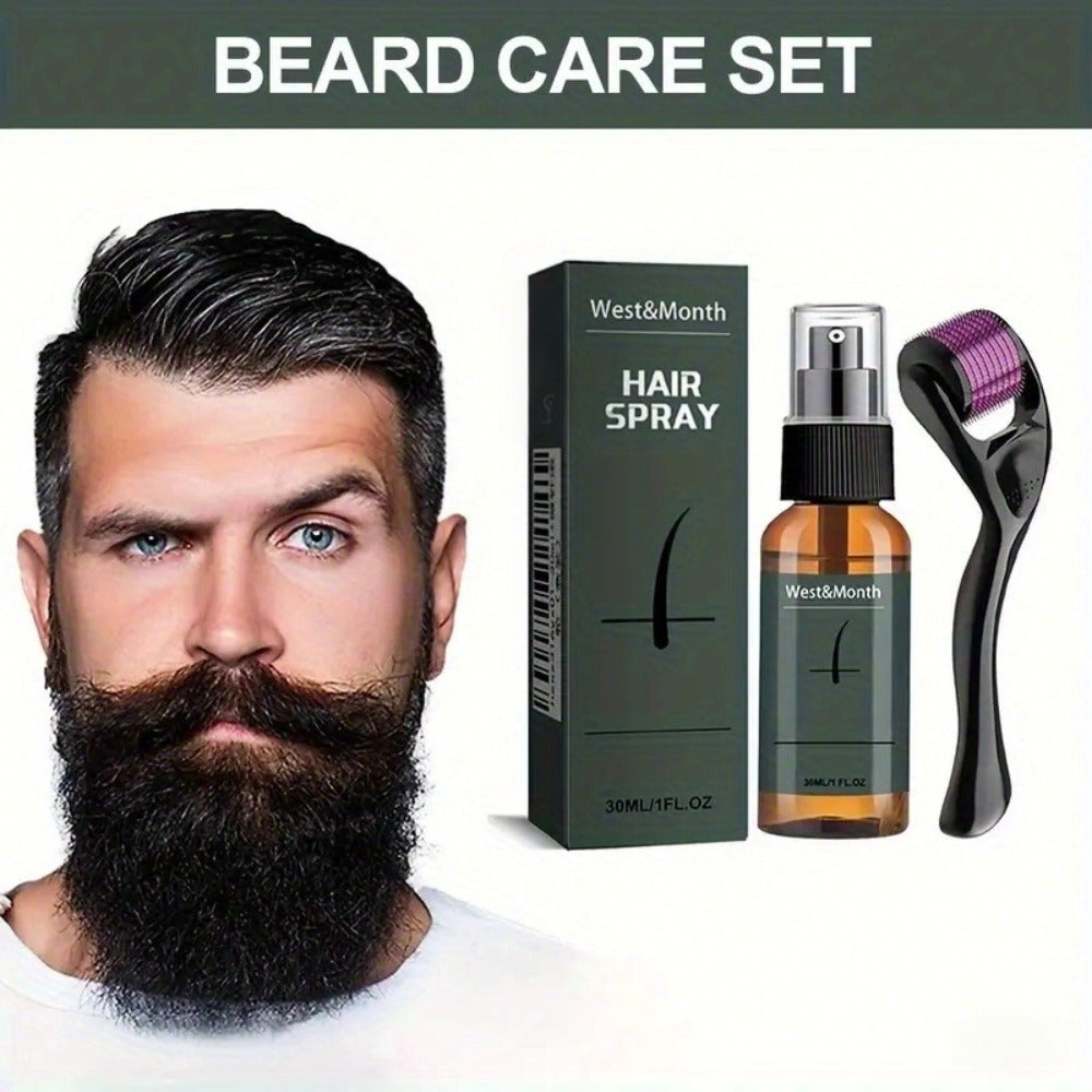 Beard Growth Spray Kit for Men 30ml Ginseng Ginger Extract Beard Moisturizer with 0.25mm Microneedle Derma Roller for Fuller Thicker