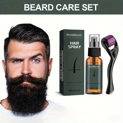 Beard Growth Spray Kit for Men 30ml Ginseng Ginger Extract Beard Moisturizer with 0.25mm Microneedle Derma Roller for Fuller Thicker