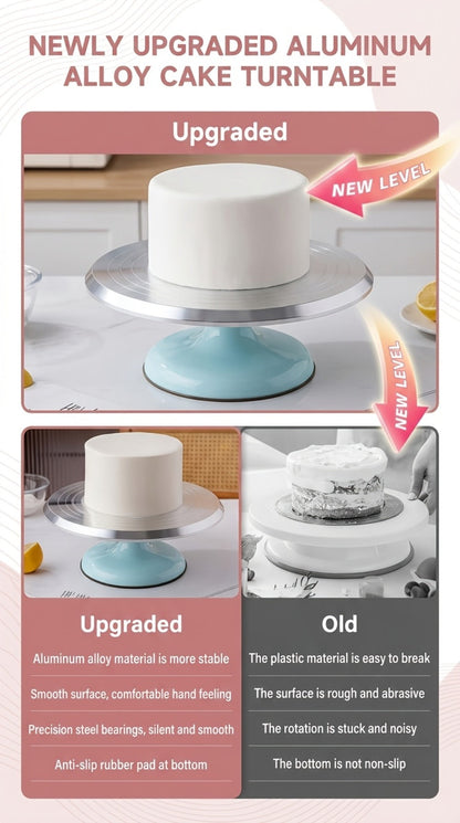 9.84-Inch Rotating Cake Turntable with Frosting Spatula and Pink, Sky Blue or White Base for Decorating