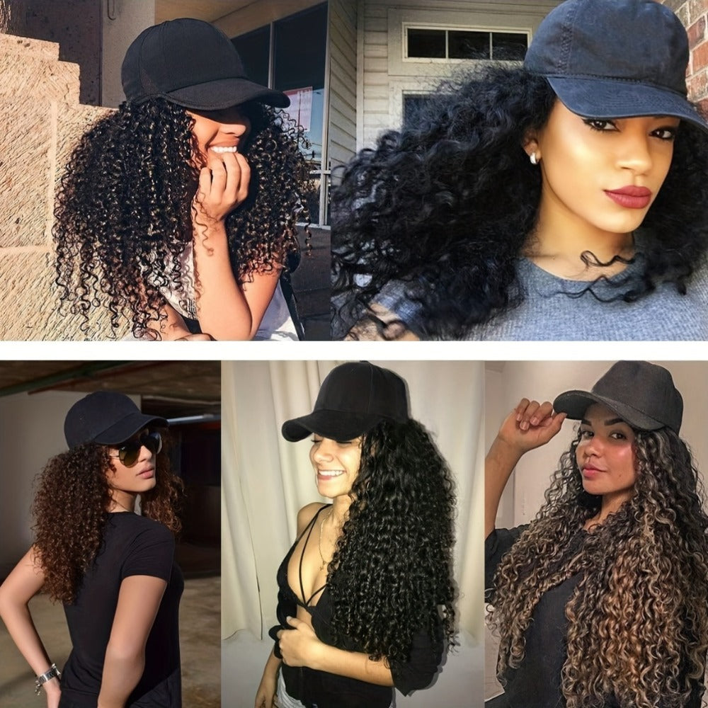 Afro Kinky Curly Baseball Cap Wig for Women 18 Inch Hat and Wig Combo Adjustable Elastic Net Long Synthetic Curly Hair Multi-Color Casual